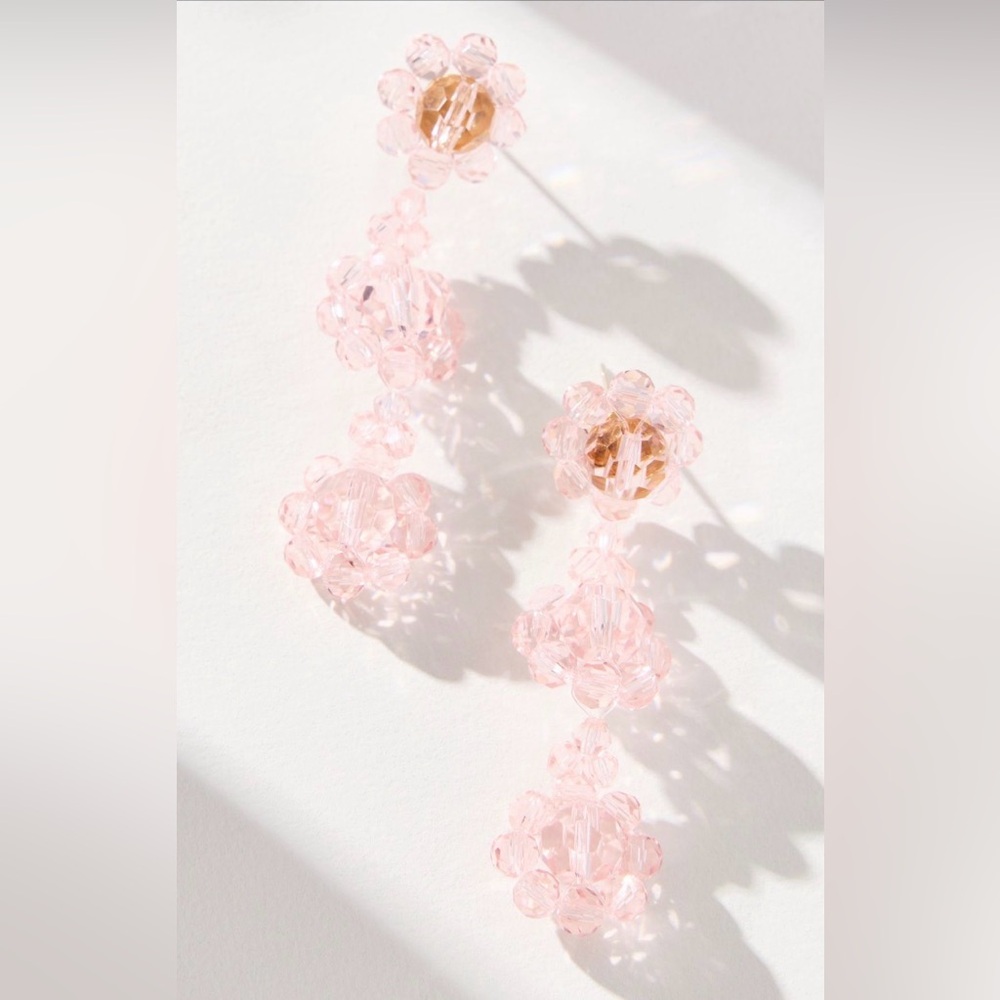 Anthropologie Rose Pink Beaded Floral Drop Earrings